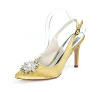 KUHAOFEU Women's Slingback Stiletto Heel Sandals Pointed Toe Rhinestone High Heels Adjustable Buckle Bridal Wedding Evening Party Dress Pumps,Gold,8 UK