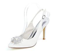 KUHAOFEU Women's Slingback Stiletto Heel Sandals Pointed Toe Rhinestone High Heels Adjustable Buckle Bridal Wedding Evening Party Dress Pumps,White,5 UK