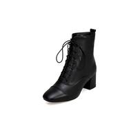 KUHAOFEU Women's Square Toe Chunky Heels Ankle Boots Block High Heeled Lace Up Short Booties,Black,9 UK