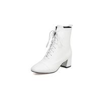 KUHAOFEU Women's Square Toe Chunky Heels Ankle Boots Block High Heeled Lace Up Short Booties,White,5 UK