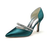 KUHAOFEU Women's Stiletto Heel Satin Bridal Shoes Crystal High Heels Pumps Pointed Toe Slip On Wedding Party Dress Shoes,Teal,6 UK