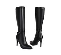 KUHAOFEU Womens Stiletto Heels Leather Pointed Toe Wide Calf Metal Buckle Side Zipper Knee High Winter Boots,Black PU Leather,12 UK