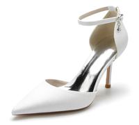 KUHAOFEU Women's Stiletto High Heel Dress Shoes Wedding Prom Party Bridal Shoes Pointed Toe Ankle Strap Pumps,White,6 UK
