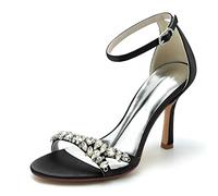 KUHAOFEU Womens Stiletto High Heels Rhinestone Summer Sandals Ankle Buckle Open Round Toe Elegant Wedding Dress Pump Shoes,Black,7 UK
