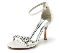 KUHAOFEU Womens Stiletto High Heels Rhinestone Summer Sandals Ankle Buckle Open Round Toe Elegant Wedding Dress Pump Shoes,Ivory,4 UK