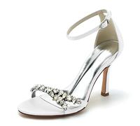 KUHAOFEU Womens Stiletto High Heels Rhinestone Summer Sandals Ankle Buckle Open Round Toe Elegant Wedding Dress Pump Shoes,White,10 UK