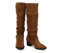 KUHAOFEU Women's Suede Knee High Fall Boots, Wide Calf Chunky Block Low Heel and Slouchy Pointed Toe Winter Long Boots for Women,Brown,1 UK