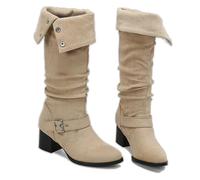 KUHAOFEU Women's Suede Knee High Fall Boots, Wide Calf Chunky Block Low Heel and Slouchy Pointed Toe Winter Long Boots for Women,Beige,4 UK