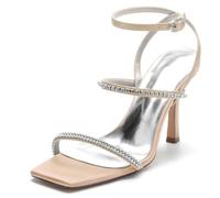 KUHAOFEU Women's Wedding Bridal Shoes Square Open Toe Slingback Sandals with Ankle Strap Rhinstones High Heel Pumps for Party Prom,Champagne,3 UK