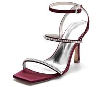 KUHAOFEU Women's Wedding Bridal Shoes Square Open Toe Slingback Sandals with Ankle Strap Rhinstones High Heel Pumps for Party Prom,Burgundy,7 UK