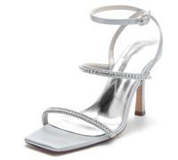 KUHAOFEU Women's Wedding Bridal Shoes Square Open Toe Slingback Sandals with Ankle Strap Rhinstones High Heel Pumps for Party Prom,Silver,5 UK