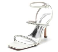 KUHAOFEU Women's Wedding Bridal Shoes Square Open Toe Slingback Sandals with Ankle Strap Rhinstones High Heel Pumps for Party Prom,Ivory,4 UK