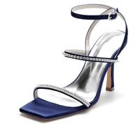 KUHAOFEU Women's Wedding Bridal Shoes Square Open Toe Slingback Sandals with Ankle Strap Rhinstones High Heel Pumps for Party Prom,Navy,8 UK
