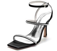KUHAOFEU Women's Wedding Bridal Shoes Square Open Toe Slingback Sandals with Ankle Strap Rhinstones High Heel Pumps for Party Prom,Black,4 UK