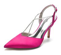 KUHAOFEU Womens Wedding High Heels Slingback Stiletto Pumps Closed Pointed Toe Ankle Strap Rhinestone Bridal Party Wedding Dress Shoes,Rose Red,6 UK