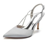 KUHAOFEU Womens Wedding High Heels Slingback Stiletto Pumps Closed Pointed Toe Ankle Strap Rhinestone Bridal Party Wedding Dress Shoes,Silver,6 UK