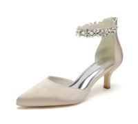 KUHAOFEU Women's Wedding Rhinestones Low Kitten Heels Pointed Toe Dress Evening Shoes Satin Bridal Pumps,Champagne,10 UK
