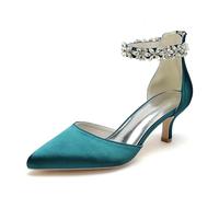 KUHAOFEU Women's Wedding Rhinestones Low Kitten Heels Pointed Toe Dress Evening Shoes Satin Bridal Pumps,Teal,6 UK
