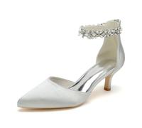 KUHAOFEU Women's Wedding Rhinestones Low Kitten Heels Pointed Toe Dress Evening Shoes Satin Bridal Pumps,Silver,5 UK