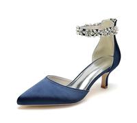 KUHAOFEU Women's Wedding Rhinestones Low Kitten Heels Pointed Toe Dress Evening Shoes Satin Bridal Pumps,Navy,4 UK