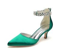 KUHAOFEU Women's Wedding Rhinestones Low Kitten Heels Pointed Toe Dress Evening Shoes Satin Bridal Pumps,Green,10 UK