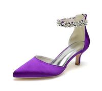KUHAOFEU Women's Wedding Rhinestones Low Kitten Heels Pointed Toe Dress Evening Shoes Satin Bridal Pumps,Dark Purple,8 UK