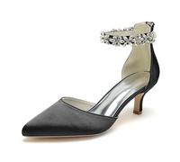 KUHAOFEU Women's Wedding Rhinestones Low Kitten Heels Pointed Toe Dress Evening Shoes Satin Bridal Pumps,Black,10 UK