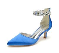 KUHAOFEU Women's Wedding Rhinestones Low Kitten Heels Pointed Toe Dress Evening Shoes Satin Bridal Pumps,Blue,6 UK