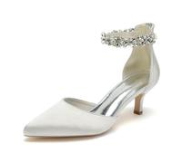 KUHAOFEU Women's Wedding Rhinestones Low Kitten Heels Pointed Toe Dress Evening Shoes Satin Bridal Pumps,Ivory,5 UK