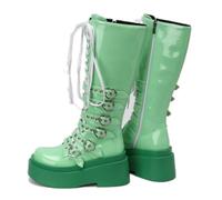 KUHAOFEU Women's Wedge Combat Gothic Platform Boots Chunky Lace Up Mid Calf Punk Motorcycle Shoes,Green,10 UK