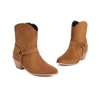 KUHAOFEU Women's Western Cowgirl Ankle Boots Stacked Block Heel Side Zipper Western Booties,Yellow,14 UK