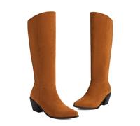 KUHAOFEU Women's Western Suede Cowboy Knee High Boots Classic Pointed Toe Chunky Low Heels Cowgirl Pull On Boots,Brown,7 UK