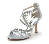 KUHAOFEU Women's Zip up Rhinestone Stiletto High Heels Open Toe Cutout Summer Sandals for Prom Dressing Party,Silver,3 UK