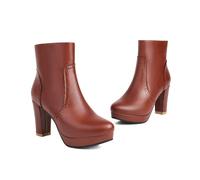 KUHAOFEU Women's Zipper Ankle Boots Chunky Heel Platform Heeled Short Booties,Brown,10 UK