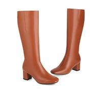 KUHAOFEU Zippered Tall Boot for Women Low Chunky Heel Warm Long Boot Square Toe Fall Winter Knight Booties,Brown,6 UK