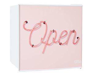 Kuhla 45L Mini Fridge with Ice Box, Stylish Design, Inc Adjustable Thermostat, Door Racks and Removable Shelf, Small Drinks Fridge Ideal for Home and Office - Open Sign Pink, White KTTF4GB-1025-E
