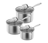 Kuhn Rikon 3-Piece Saucepan Set 1.9L/16cm, 2.7L/18cm, 3.7L/20cm, Stainless Steel Uncoated Pans with Glass Draining Lids & Easy Pour Spouts. Oven & Dishwasher Safe Induction Pans - Allround Plus
