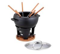 Kuhn Rikon Cheese & Meat Fondue Set Glacier Cast Iron 2.0L 25cm, Induction Fondue Pot Set for 4-6, Hot Pot, Rechaud, Burner, 6 Forks, Splash Guard, Wooden Base