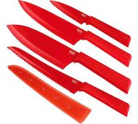 Kuhn Rikon Colori+ Mixed Kitchen Knife Set with Blade Covers. Includes Chefs, Bread, Santoku and Paring Knives. Ultra-Sharp Japanese Stainless Steel Blade. Dishwasher Safe. Red