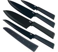 Kuhn Rikon Colori+ Mixed Kitchen Knife Set with Blade Covers. Includes Chefs, Bread, Santoku and Paring Knives. Ultra-Sharp Japanese Stainless Steel Blade. Dishwasher Safe. Black