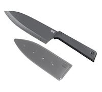 Kuhn Rikon Santoku Knife for Meat, Fruit and Vegetables, Japanese Stainless Steel Blade with Non-Stick Coating, Secure Grip Non-Slip Handle, Finger Guard and Safety Sheath, Grey, Colori+