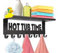 Kuhome Hot Tub Accessories Towel Rack with Shelf for Bathroom Decor Wall Mount Hooks Outdoor Towel Holder Organizer Hangers with 8 Hooks for Towels Robes Coats Hotel Hot Spring, Pool, Home Spa(Black)