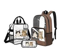 Kuiaobaty 3-in-1 Tabby Cats Transparent Backpack with Lunch Compartment Set - See Through Clear Bookbag with Multi Pockets Knapsack for School Stadium Events