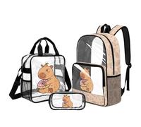 Kuiaobaty 3 Pieces Donut Capybara Clear Backpack with Lunch Bag Set - Heavy Duty Transparent Bookbag with Reinforced Bottom Knapsack for School Sports