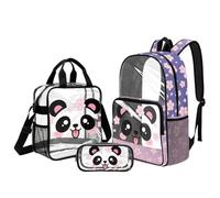 Kuiaobaty 3 Pieces Sakura Panda Clear Backpack with Lunch Bag Set - 17 inch Transparent Bookbag with Side Pocket Knapsack for Kids School Outdoor Activities