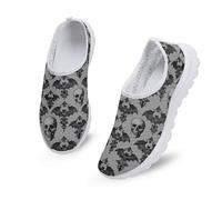 Kuiaobaty Bat Skull Sneaker Mesh Slip on Walking Shoe for Women Gothic Theme Loafer Shoes, Grey Casual Breathable Sport Trainers Lightweight