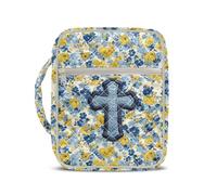 Kuiaobaty Bible Cover Case for Women Blue Yellow Floral Embroidery Cross Quilted Bible Study Supplies for Women Bible Carrying Case Large Bible Bag Church Sunday Christian Gifts