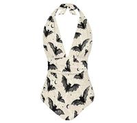 Kuiaobaty Black Bats Women's One-Piece Swimsuits V Neck High Cut Tummy Control Swimwear Halloween Bat Print Swimming Costumes S-XXL