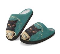 Kuiaobaty Black Cat Print Warm House Slippers Cozy Memory Foam, Cat Coffee Time Print Fuzzy House Indoor/Outdoor Shoes With Anti-skid Sole