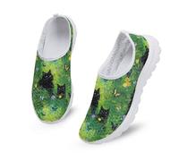 Kuiaobaty Black Cat Print Womens Slip on Trainers Fitness, Green Ladies Slip-On Walking Shoes Training Sneakers with Memory Foam